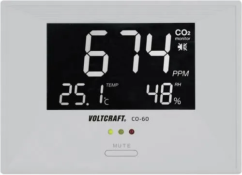 VOLTCRAFT CO2-60 Kohlendioxid-Messgerät - Gasmelder zur Überwachung der Luftqualität, misst CO2, Temperatur und Feuchtigkeit mit LED-Anzeige und Alarmfunktion, ideal für Büros und Schulen.