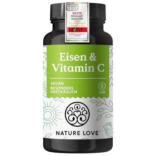 NATURE LOVE® Eisen mit 43mg natürlichem Vitamin C – 20mg Eisenbisglycinat – 120 Kapseln – vegan, geschmacksneutral – in Deutschland produziert