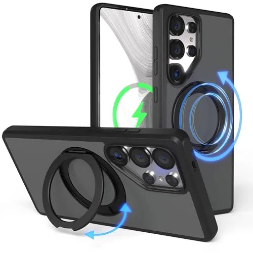 EAZY CASE für Galaxy S25 Ultra Hülle, 360° Case drehbarer Ring Halter & Standfunktion, magnetisches Cover für Magsafe für kabelloses Laden, Kamera Schutz Handyhülle für Galaxy S25 Ultra - Schwarz
