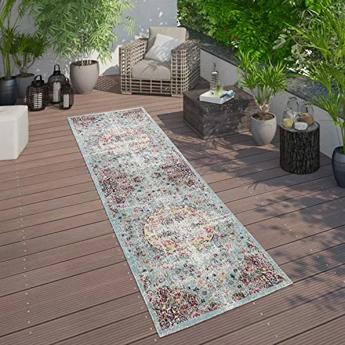 Paco Home In- & Outdoor Teppich Modern Orient Print Terrassen Teppich Türkis, Grösse:60x100 cm