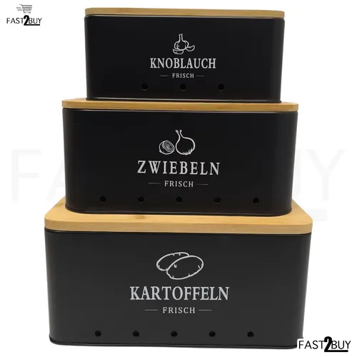 Theo & Cleo Vorratsdosen Set – Kartoffeln, Zwiebeln & Knoblauch – Schwarz