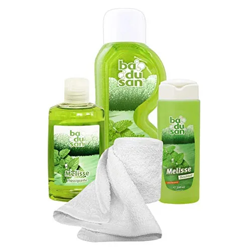 badusan Wohlfühlset Melisse 4-teilig Duschbad, Schaumbad, Flüssigseife Geschenkset mit Handtuch, Baden mit Badusan Pflegeset Beautyset Beautypaket