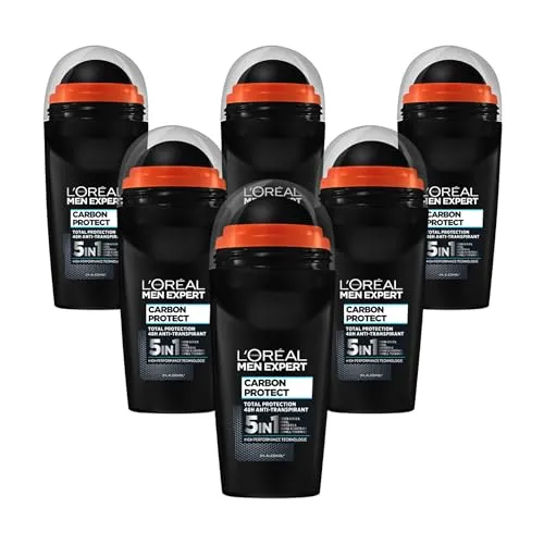 L'Oréal Men Expert Deo für Männer, 5-in-1 Deoroller gegen Geruchsbildung, Nässe, Bakterien und weiße Rückstände für bis zu 72 Stunden Frische, Carbon Protect, 6 x 50 ml