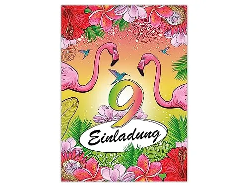 Limonia 12 Einladungskarten zum 9. Geburtstag Einladung Kindergeburtstag Mädchen Karten Flamingo Kolibri Papagei Tropen Palmen