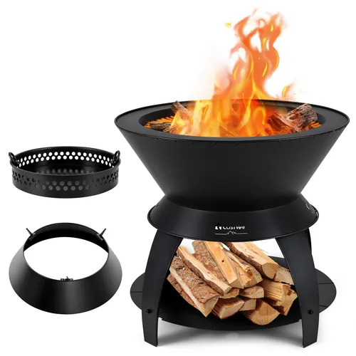 COSTWAY Feuerschale mit Topfhalter - Feuerstelle für ein rauchfreies und effizientes Brennen, ideal als Kochstelle, Lagerfeuer oder BBQ-Grill, aus robuster Zink-Eisen-Legierung für langlebigen Einsatz.