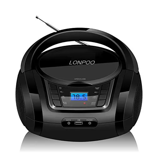 LONPOO Tragbarer CD-Player Boombox mit FM-Radio/Bluetooth/USB/AUX-Eingang | 3,5 mm Kopfhöreranschluss | 2x2w Klarer Stereoklang (LP-D03B)
