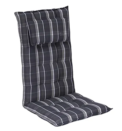 elGiga Sun Garden Hochlehner-Auflage Inco Blau-Grau Kariert - Polster für Stühle & Sessel mit abnehmbarem Kopfpolster, bietet unschlagbaren Sitzkomfort und ist Öko-Tex zertifiziert für schadstoffgeprüfte Qualität.