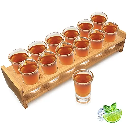 Schnapsglas-Set, Cocktailhalter und Schnapsglas, Getränke-Servierbrett, Organizer, 12 Löcher, mit klarem Kristallglas, 12 Stück, 30 ml, für Likör, Schnaps, Wodka, Rum, zu Hause, Party, Bar