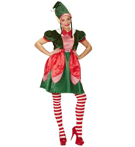 Elf Santas kleine Helferin Kleid Mütze Ohren Zöpfe Elfenkostüm Weihnachten L neu