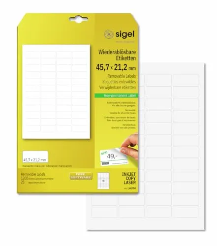 Sigel LA204 Universal-Etiketten - 45,7 x 21,2 mm, 1200 Stück, wiederablösbar und ideal für temporäre Beschriftungen