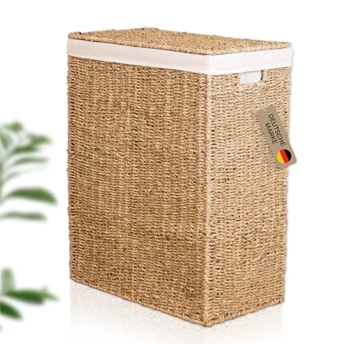 Lycce Wäschekorb schmal 80l - Platzsparender Regalkorb mit Deckel, handgeflochten aus umweltfreundlichem Seegras, ideal für Nischen und vielseitig verwendbar als Wäschesammler oder Aufbewahrungskorb.