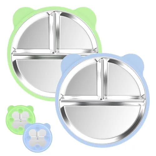 Ayciep Edelstahl Baby Teller mit Saugnapf, 2 Stück Silikon Kinderteller mit 4 Saugnäpfen, Edelstahl Teller Baby, BPA-frei, Rutschfeste, Abnehmbare Silikonhülle, Babyteller, Kinderteller, Blau + Grün