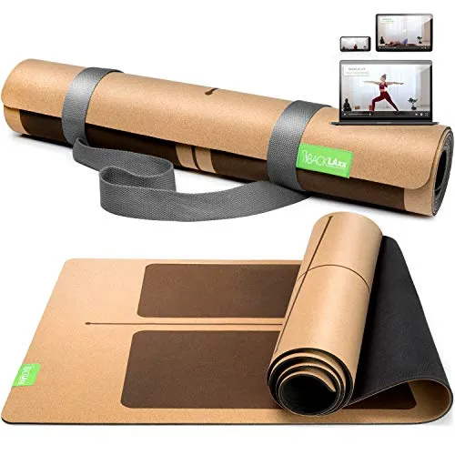 BACKLAXX ® Yogamatte Kork mit Naturkautschuk - FAZ Testsieger 04/2025 - Sportmatte mit optimalem Grip dank Anti-Rutsch-Zonen, nachhaltig und schadstofffrei, inklusive Tragegurt und Zugang zu exklusiven Yogaflows.