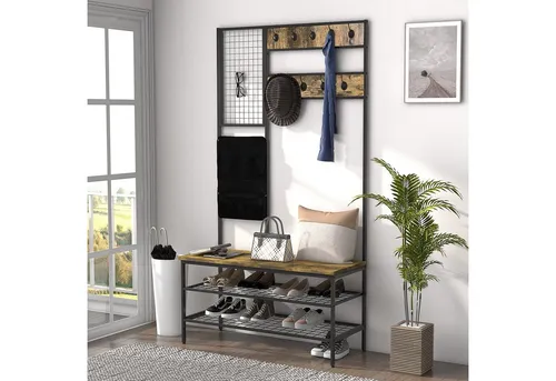 HOMCOM Garderobenständer aus Spanplatte und Stahl - Garderobe mit viel Stauraum für Mäntel, Taschen und Schuhe, sorgt für Ordnung im Eingangsbereich und ist ideal für jedes Zuhause.