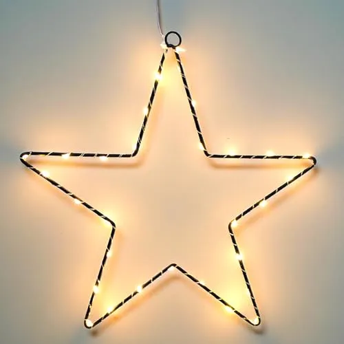 Metall Weihnachtsstern Silhouette 40 cm zum Hängen schwarz für Außen mit Timer - 40 LED - Stern Fensterbild warm weiß beleuchtet batteriebetrieben - Weihnachten Advent Wandbild Deko Leuchte