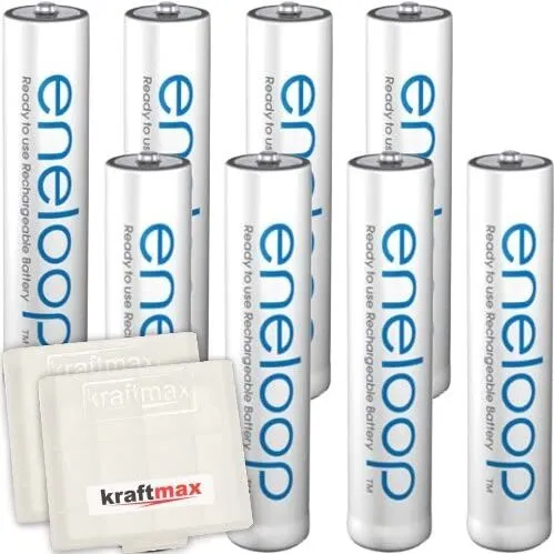 8er Pack Panasonic Eneloop AAA/Micro Akkus - Neueste Generation - Hochleistungs Akku Batterien in Kraftmax Akkuboxen V5