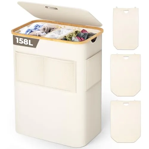 OUSFOT Wäschekorb mit Deckel 3 Fächer 158L Wäschesammler faltbar aus 600D Oxford-Gewebe mit Abnehmbarem Wäschesack,Netztasche vorne Bambus-Wäschebox Wäschesortierer Wäschetonne Laundry baskets Beige