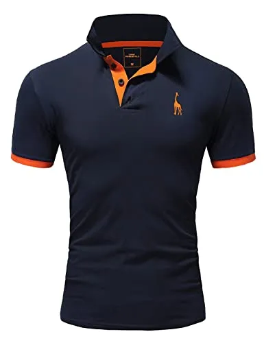 REPUBLIX Herren Poloshirt Basic Kontrast Stickerei Kragen Kurzarm Polohemd T-Shirt R-0058 Navyblau/Orange M
