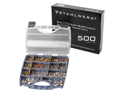 STAHLWERK 500-teiliges Nietmuttern Set mit Gewindenieten - Vielseitiges 500-teiliges Set aus hochwertigen Aluminium- und Stahl-Gewindenieten in verschiedenen Größen. Ideal für stabile Verbindungen bei Montage und Reparatur, geliefert in praktischem Kunststoffkoffer.
