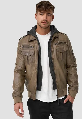 Indicode Herren Aaron Lederjacke mit abnehmbarer Kapuze - Beige S - Funktionsjacken aus weichem Kunstleder mit abnehmbarer Kapuze, ideal für den Übergang. Ergonomischer Schnitt und viele Taschen bieten Komfort und Stauraum.