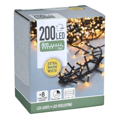 200 LED Lichterkette in warmweiß - 4m mit Timer und 8 Funktionen - Lichterkette für Innen und Außen mit 200 LEDs in EXTRA warmweiß, 8 Leuchtfunktionen, und Timer für stimmungsvolle Weihnachtsbeleuchtung.