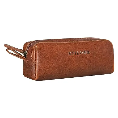 STILORD 'Linus' Etui Leder Vintage Herren Damen Stifteetui Lederetui Federmappe quadratisch Stiftetasche Büffelleder, Farbe:Cannes - braun