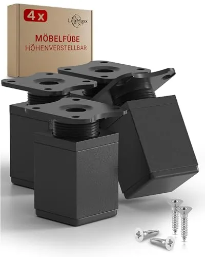 LouMaxx Möbelfüße verstellbar eckig– 4er Set 40x40x60mm in Schwarz inkl. Befestigungsplatte – Füße für Möbel aus Aluminium – Hochwertige Schrankfüsse für individuelle DIY-Möbel