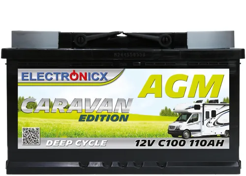 ELECTRONICX AGM Deep-Cycle-Batterie 12V 110Ah C100 Caravan Edition - Wartungsfreie, auslaufsichere Deep-Cycle-Batterie mit 110Ah, ideal für Camping, Boote und Notstromversorgung – bietet über 600 Ladezyklen und ist vibrationsbeständig für anspruchsvolle Anwendungen.
