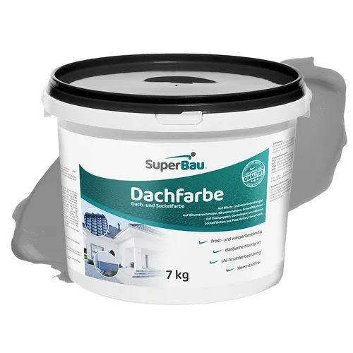 Superbau Dachfarbe Grau 7kg, Sockelfarbe WASSERDICHT, Fassadenfarbe für Außen, Dachbeschichtung für Blechdach, Bitumen, Dachpappe, Schindeln, Putz