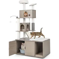GOPLUS Katzenbaum mit Katzenschrank - Kratzbaum und Katzenklo in einem, ideal für Wohnungskatzen. Mit mehreren Spielbereichen, einem versteckten Fach für Privatsphäre und stabiler Struktur für optimalen Komfort.