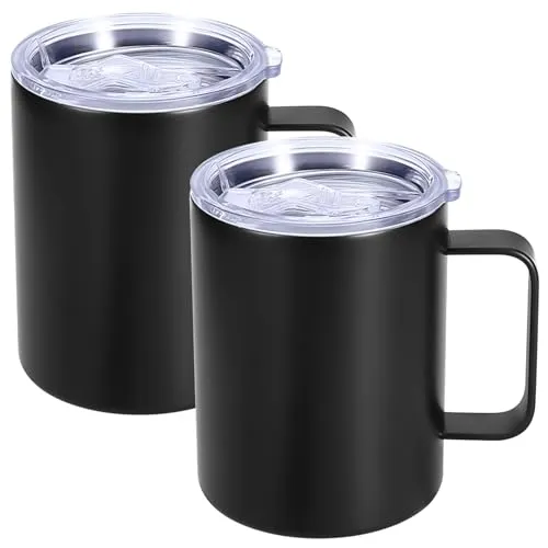 2er Set Edelstahl Thermobecher 350ml: Doppelwandige isolierte Kaffeetassen mit Henkel, Kaffeebecher BPA-frei, Bruchsicher, Campingbecher Tassen Set für Camping, Outdoor, Büro & Reisen (Schwarz)