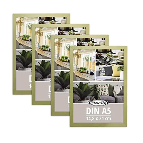 Close Up Bilderrahmen 4er Set DIN A5 (14,8 x 21 cm) | Holzdekor (MDF) Gold mit Rückwand und Aufsteller | PVC-Scheibe (unzerbrechlich) Profilbreite 15 mm