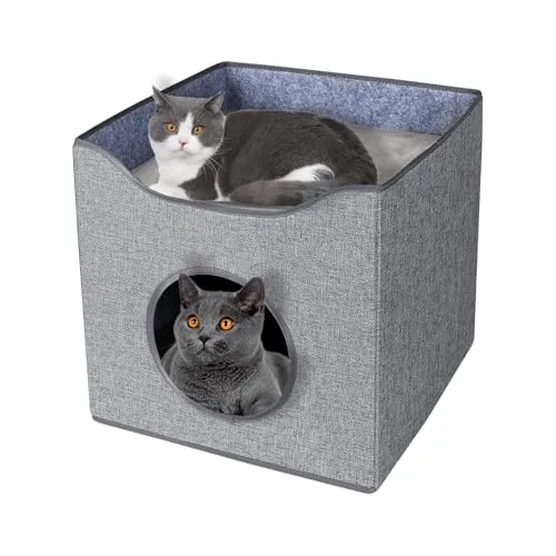 Hausleben Stilvolles Katzenhaus Grau – 40×38×40 cm – inkl. 2 Matratzen & Liegefläche auf dem Dach – Modernes Katzenbettchen für Katzen & Kätzchen – Komfortables Katzenzubehör & Katzenspielzeug