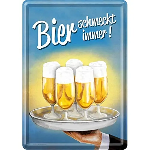 Nostalgic-Art Retro Grußkarte, Bier schmeckt immer – Geschenk-Idee für Bier-Fans, Blechpostkarte, Mini-Blechschild im Vintage-Design, 10 x 14 cm