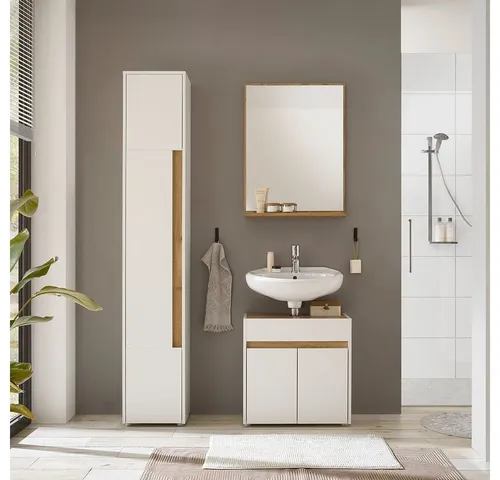 Lomadox Badmöbel-Set CRISP-61 – 3-teilig mit Spiegel und Hochschrank - Stilvolles Badmöbel-Set in Weiß mit Eiche Nb., inklusive Waschtischunterschrank, Spiegel und Hochschrank. Ideal für moderne Badezimmer, einfache Selbstmontage.