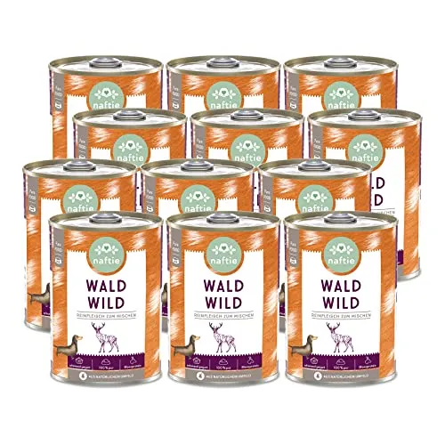 naftie Premium Hundefutter 100% Wald Wild - Reinfleischdosen pur - Nassfutter für Hunde zum Mischen - glutenfrei getreidefrei - Sparpaket 12x 400g