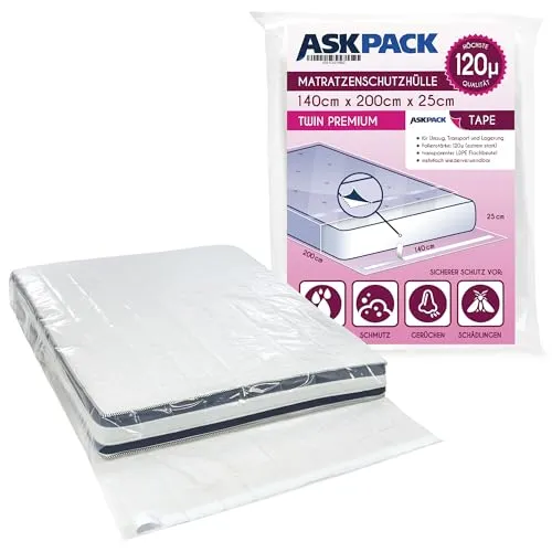 ASK Pack Matratzenschutzhüllen mit Klebeverschluss - Größen von XS bis XXL, Ultra Starkes Material bis 120 Micron Reißfest, Wiederverwendbar und Wasserdicht - Ideal für Transport (140 x 200 cm)