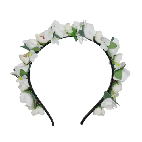 Blumen Haarreif „Sabia“ – Romantischer Haarschmuck mit Rosen & Blüten für Damen & Mädchen – Perfekt zum Dirndl, zur Hochzeit, Kommunion oder Festival (Creme Weiß)