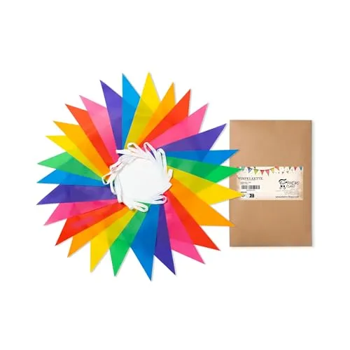 PHENO FLAGS Wimpelkette mit 7 Farben, 10m - Outdoor & Indoor geeignete Party-Dekoration für Events, wiederverwendbar