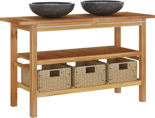 vidaXL Waschtisch mit Marmorwaschbecken Schwarz aus Teakholz - Eleganter Waschtisch mit 2 Waschbecken und 3 Körben aus robustem Teakholz. Ideal für stilvolle Badezimmergestaltung und praktische Aufbewahrung. Der Marmorwaschbecken ist pflegeleicht und bringt einen Hauch von Luxus in Ihr Bad.