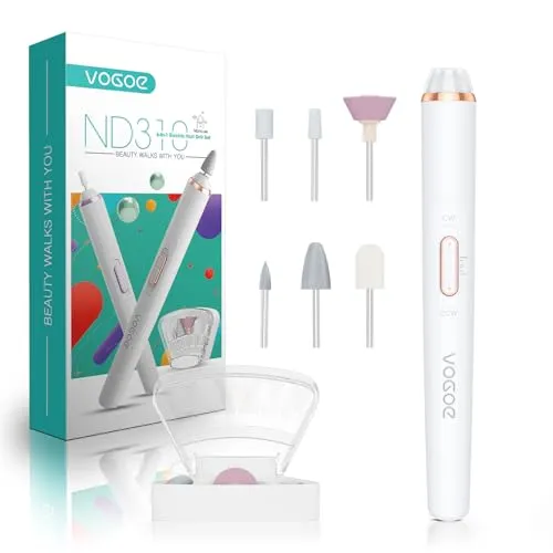 VOGOE Elektrische Nagelfeile, Kabelloser Nagelfräser mit LED-Licht, Einstellbare Geschwindigkeit & 2 Richtungen, Professionelles Maniküre-Pediküre-Set mit 6 Bohrern für Acryl- & Gelnägel ND310 (Gold)