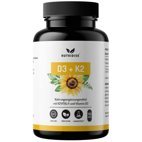 Nutridise Vitamin D3 + K2 Kapseln – 1000 IE D3 + 100 µg K2VITAL MK7 99,99% Trans-Form – optimales D3 / K2 Verhältnis