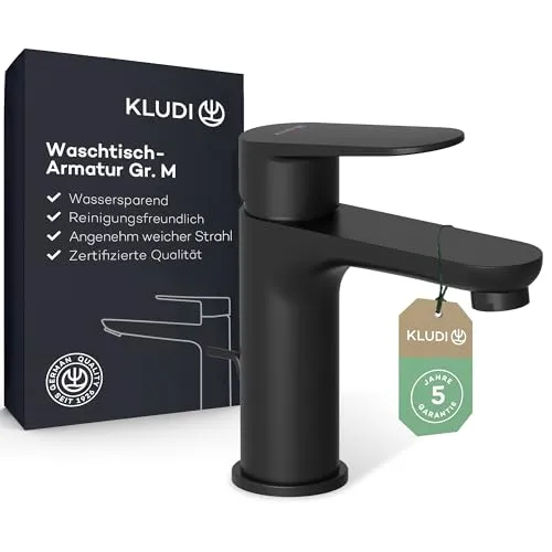 KLUDI-X1 Waschtischarmatur Schwarz Matt - Touch-On-Wasserhahn für Badezimmerwaschbecken mit wassersparendem Strahlregler und edlem Design in Mattschwarz, ideal für Familie und Komfort.