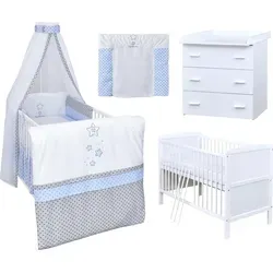 Baby-Delux Babyzimmer Babybett Wickelkommode Weiss Bettwäsche Komplett Set Magic Stars Blau - Weiß/Blau/Grau