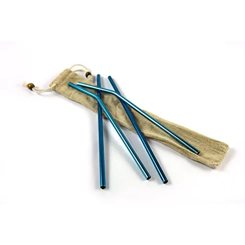 4er Pack Edelstahl-Strohhalm Set – Wiederverwendbare Trinkhalme aus Metall mit Reinigungsbürste und Beutel. Gebogen, blau