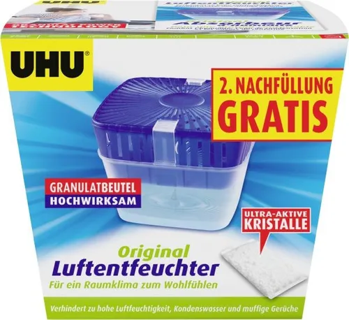 UHU Luftentfeuchter Original Air Max + Nachfüller - Effizienter Luftentfeuchter für Räume bis 35 m³, absorbiert 0,5 Liter Feuchtigkeit pro Tag, schimmelhemmend und nachfüllbar – inklusive 450g Nachfüllpack für nachhaltigen Einsatz.
