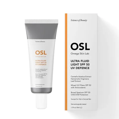 OSL Cream Ultra Fluid Light SPF 50 UV Defence 50 ml, Feuchtigkeitscreme fürs Gesicht für fettige bis normale Haut, erweiterter Schutz mit UV/UVB, angereichert mit Centella Asiatica UVA