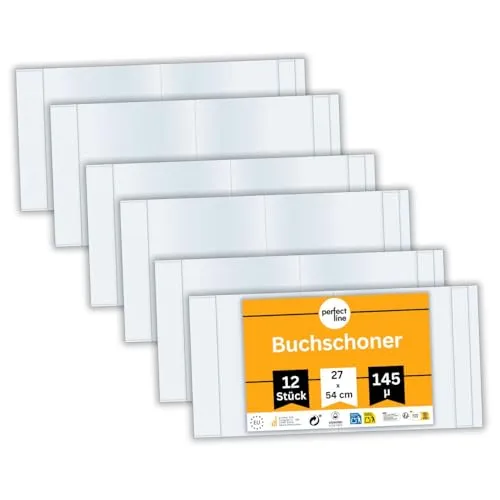 perfect line 12x Buchumschlag 27 cm Höhe, Schulbuchhülle extra stabil aus PP, Buchschoner glasklar, transparent, abwischbar, Hülle bis 54 cm Breite, Made in EU