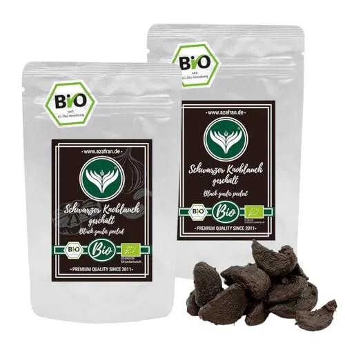 Azafran BIO Schwarzer Knoblauch fermentiert & geschält, Knoblauchzehen schwarz (fermented black garlic) aus Spanien 200g