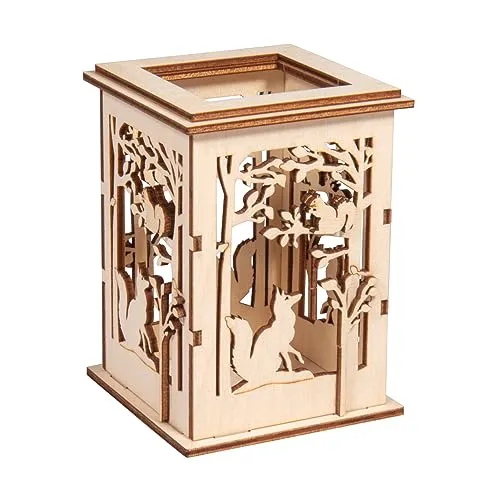 Rayher Holz Tischlaterne Wald, 8,5 x 8,5 x11,7 cm, Holzbausatz 15tlg, kleines Windlicht, für LED-Teelichter, Laterne, Holz FSC zertifiziert, 64032505, Natur